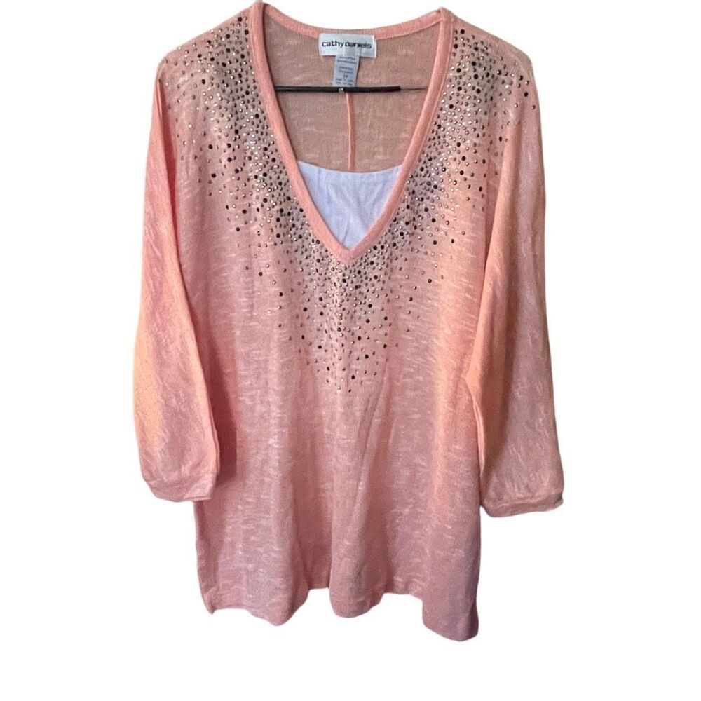 Cathy Daniel’s size 2X peach studded layered look. Dolman sleeves.